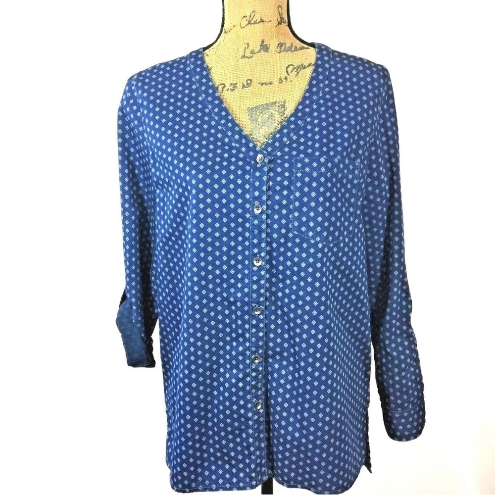J. Jill Blue Blouse with Geometric Designs, S